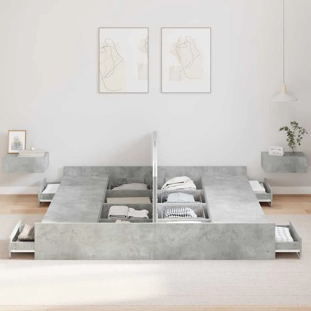 Ágykeret tárolóval fiókkal Beton szürke 200 x 200 cm Faanyag