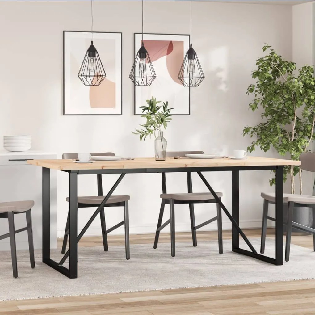 Tömör fenyőfa és acél étkezőasztal O-vázzal 180x90x75,5 cm