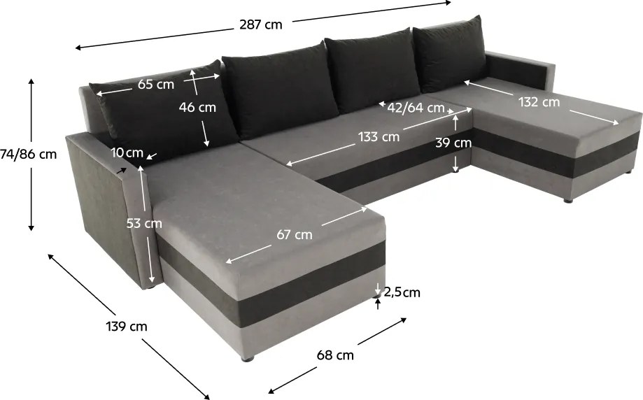 Univerzális ülőgarnitúra, szürke/fekete, PAULITA U