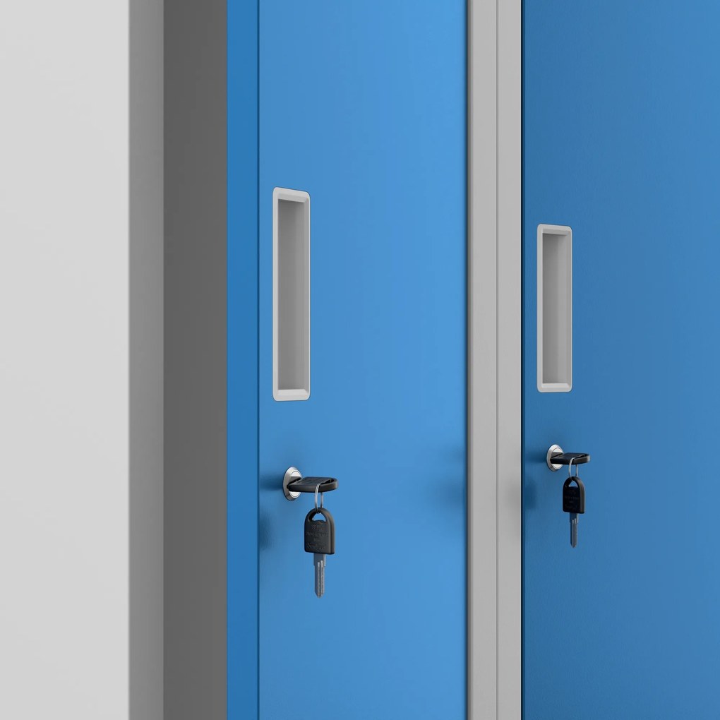 Pléh öltözőszekrény talpazaton, négymodulos, polcokkal KACPER II, 600 x 1800 x 500 mm, kék