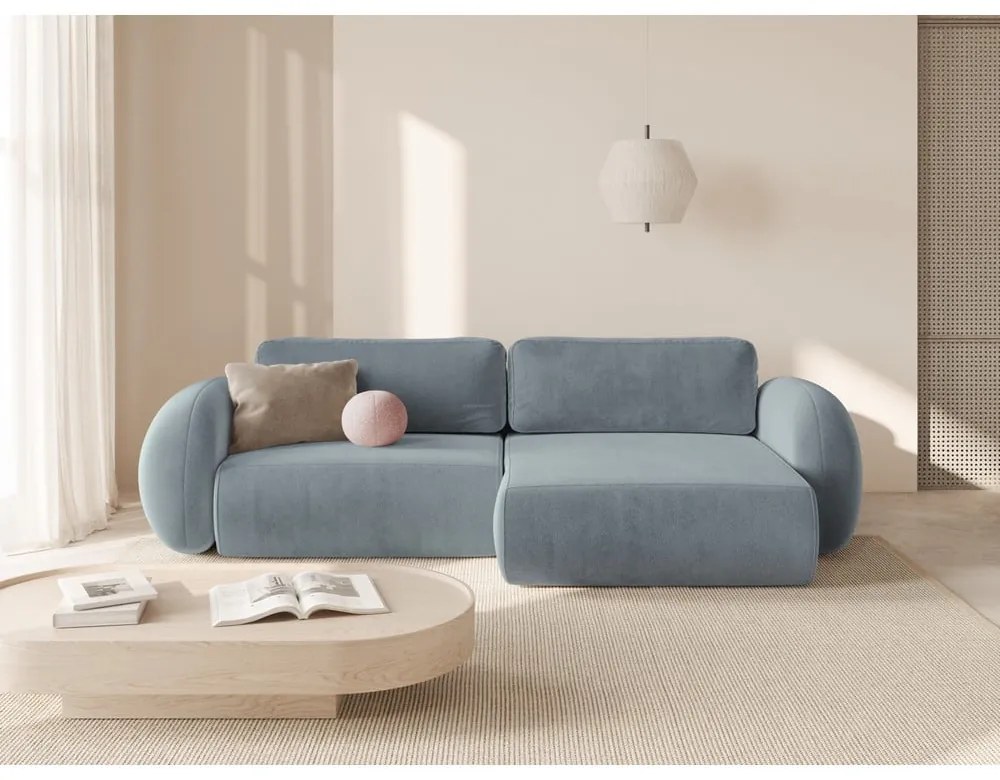 Szürkéskék bársony kinyitható-tárolóhelyes sarokkanapé Tonale – Cosmopolitan Design