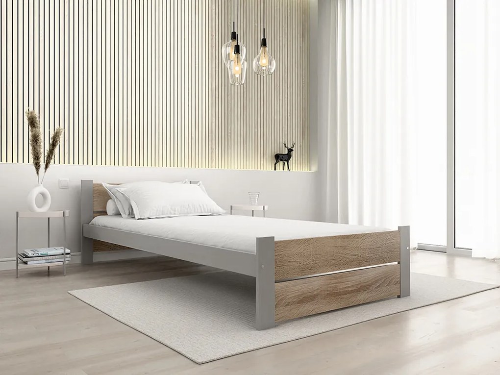 Ágy IKAROS DOUBLE 90 x 200 cm, sonoma tölgy/szürke Ágyrács: Léces ágyrács, Matrac: Coco Maxi 20 cm matrac
