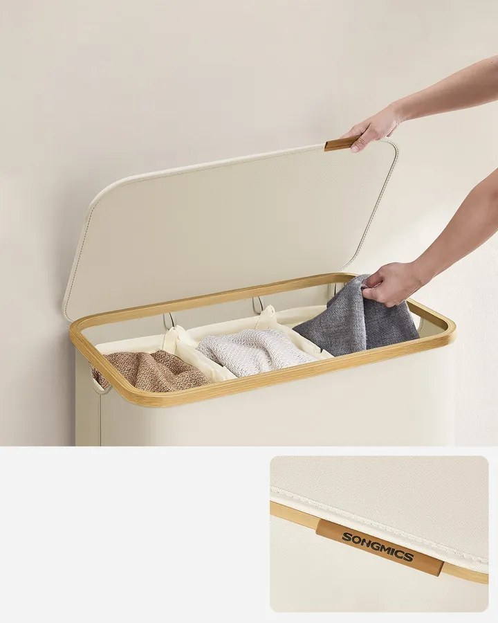 Szennyestartó Oxford szövet, 150L, kivehető hálós zsák, bambusz fogantyú krémfehér