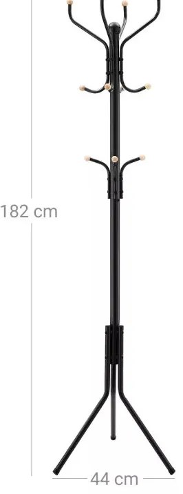 Álló ruhafogas fém 12 akasztóval, egyenes lábakkal, fekete 182cm