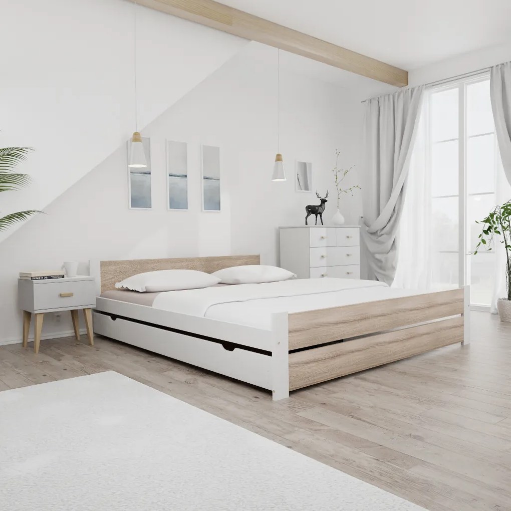 Ágy IKAROS DOUBLE 180 x 200 cm, fehér/dub sonoma Matrac: Deluxe 10 cm matraccal, Ágyrács: Lamellás ágyráccsal