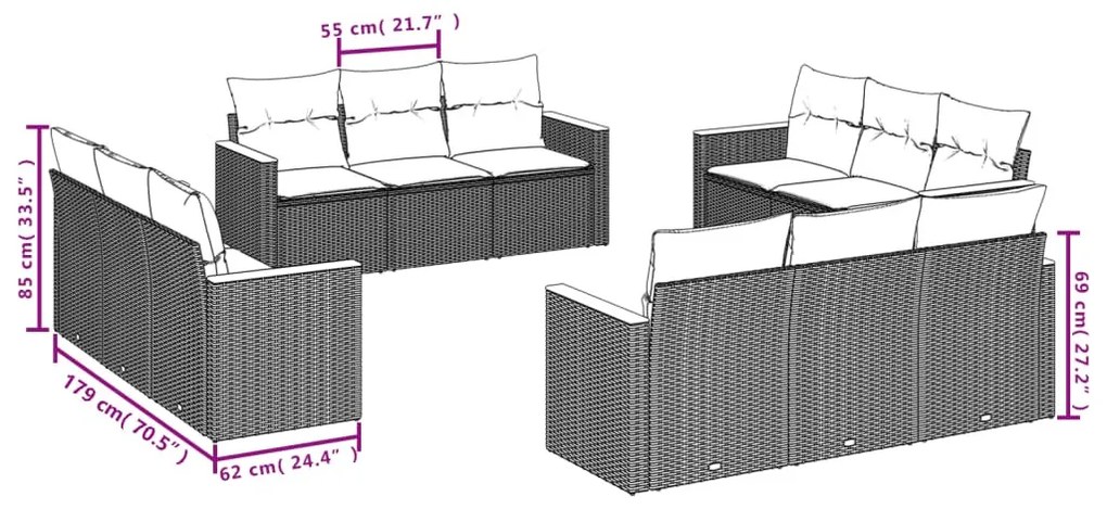 12 részes szürke polyrattan kerti ülőgarnitúra párnákkal