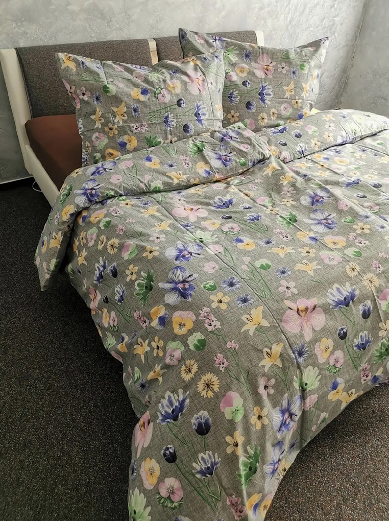 Ágynemű pamut Mezei Virágok szürke TiaHome - 1x Párna 90x70cm, 1x Paplan 140x200cm