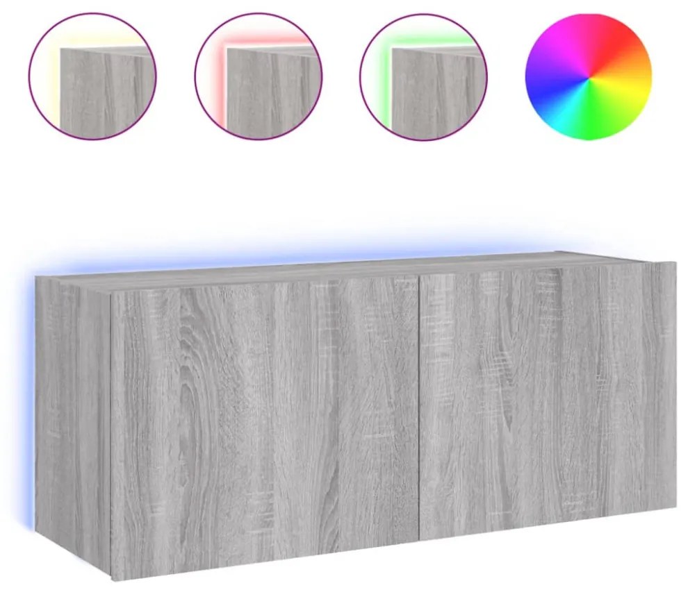 szürke sonoma színű fali TV-szekrény LED-ekkel 100 x 35 x 41 cm