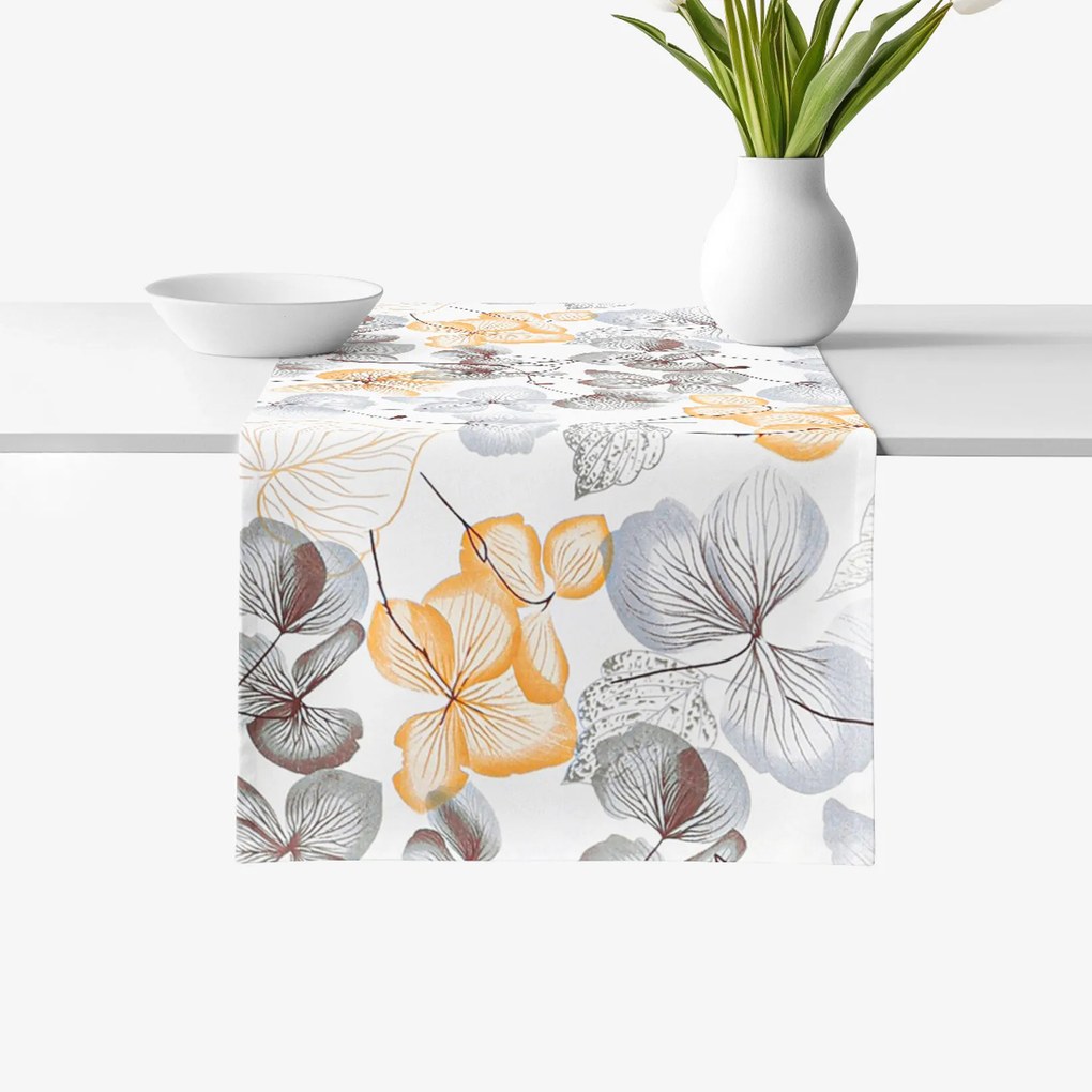 Goldea pamut asztali futó - barna - szürke virágok és levelek 20x120 cm