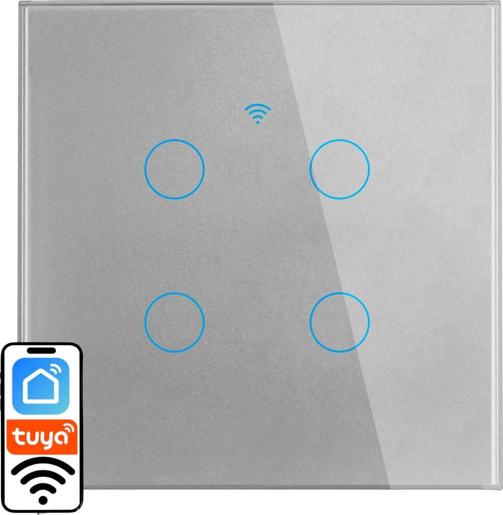 Üveg Wifi Kapcsoló Ezüst Szürke Négy Gomb 4G1W Tuya ⌀60