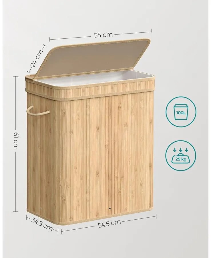 SONGMICS Ruháskosár fedéllel, 100 L-es bambusz szennyestartó
