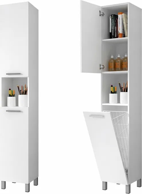 NORMANDIA 30 || Fehér,  fürdőszoba szekrény, szennyestartóval, tárolóval és polcokkal