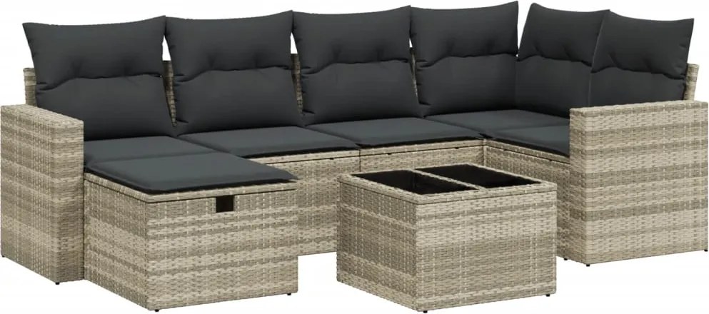 vidaXL 7 részes világosszürke polyrattan kerti ülőgarnitúra párnákkal