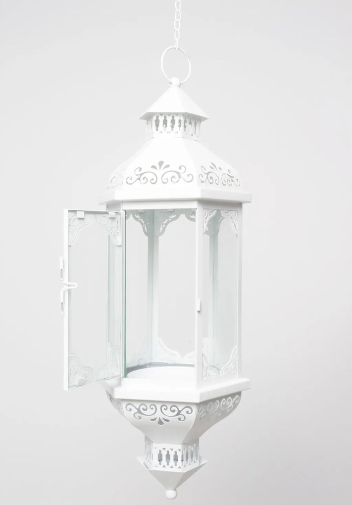 Keleties stílusú függeszthető fehér fém üvegezett mécsestartó lantern lámpás 52x18x20cm
