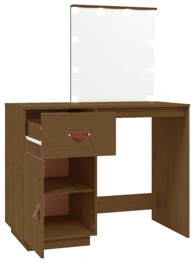 mézbarna tömör fenyőfa fésülködőasztal LED-del 95x50x133,5 cm
