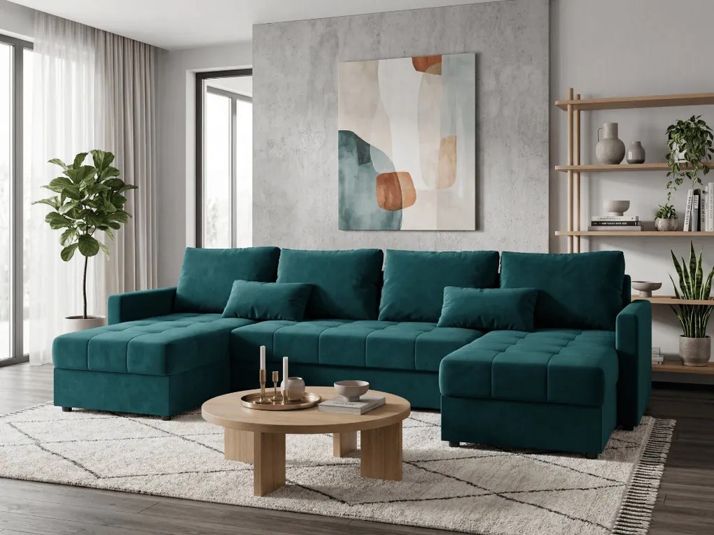 AKCIÓ VENORIA U alakú kinyitható kanapé 285x146 cm, petrolkék + 2 párna AJÁNDÉK II. osztály