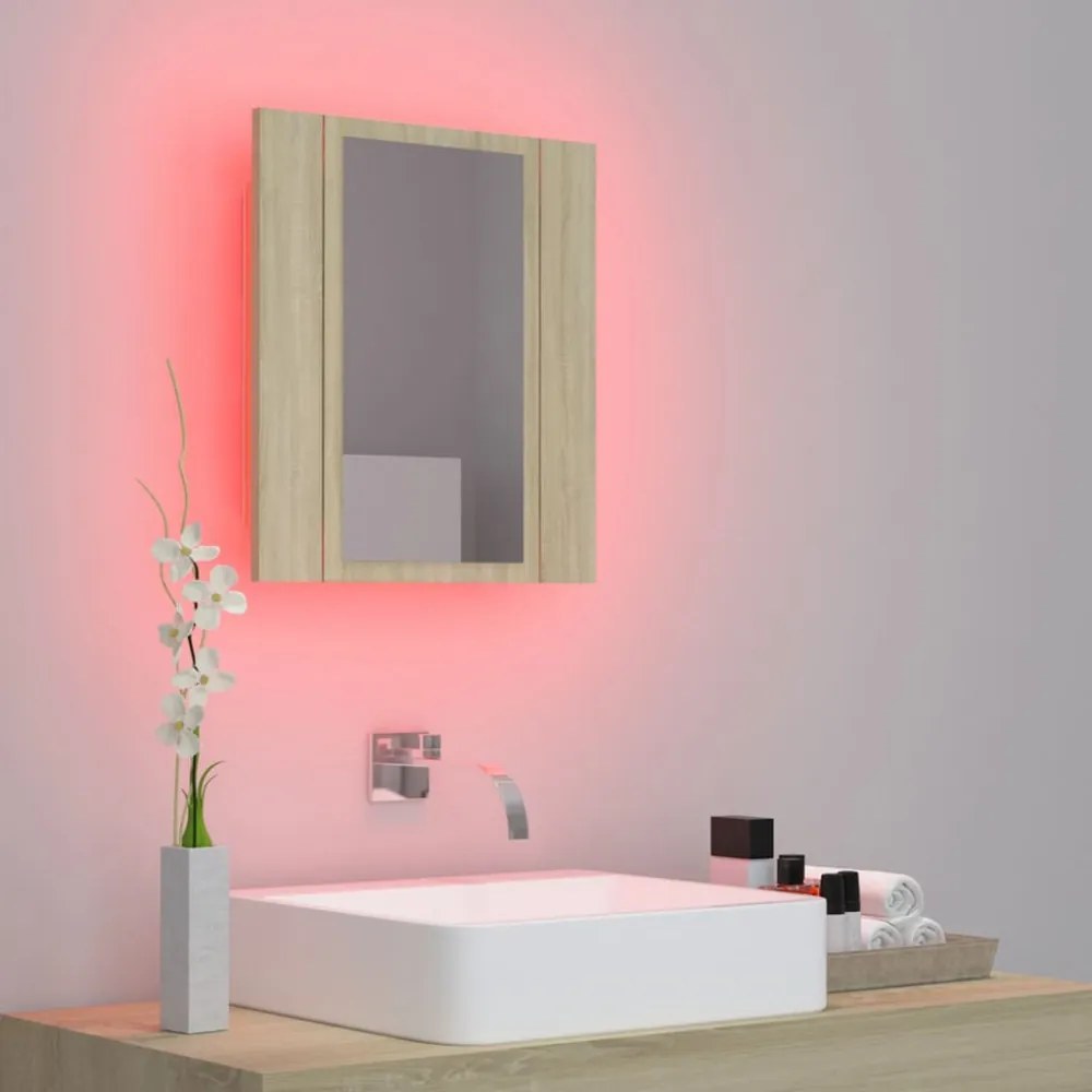 tölgyszínű akril LED-es tükrös fürdőszobaszekrény 40x12x45 cm