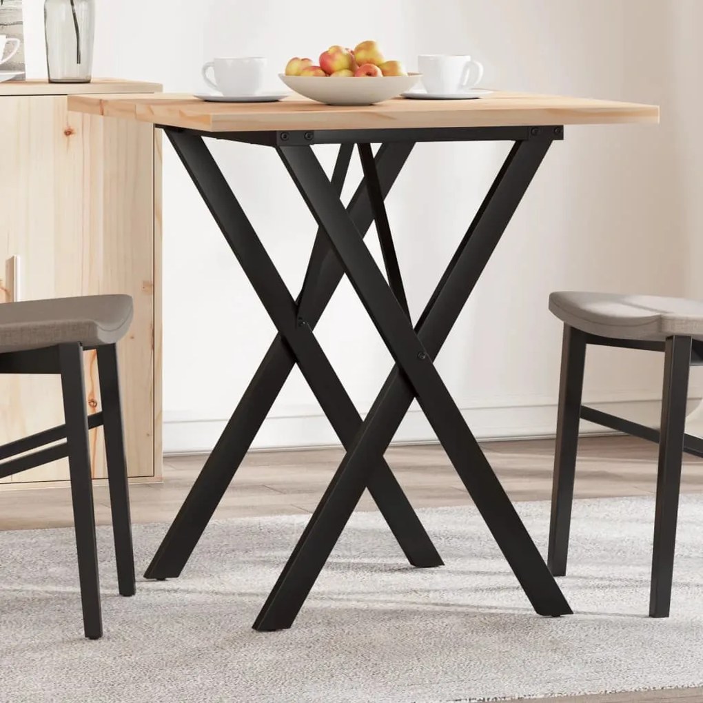 Tömör fenyőfa és acél étkezőasztal X-vázzal 70x70x75,5 cm
