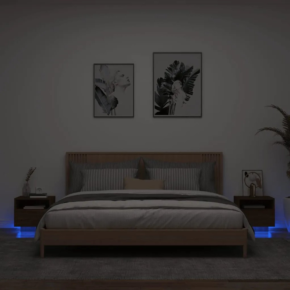 2 db barna tölgy színű éjjeliszekrény LED-ekkel 40 x 39 x 37 cm