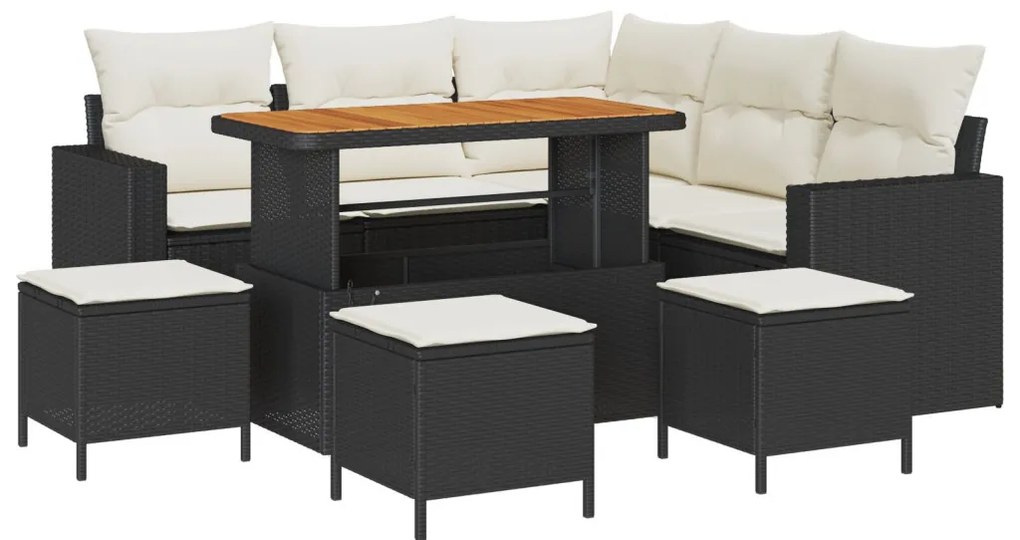 8 Részes Kerti Kanapé Szett Párnákkal Fekete Poly Rattan Akácia, 3 Részes Kerti Étkező Szett Párnákkal Fekete Poly Rattan Akácia