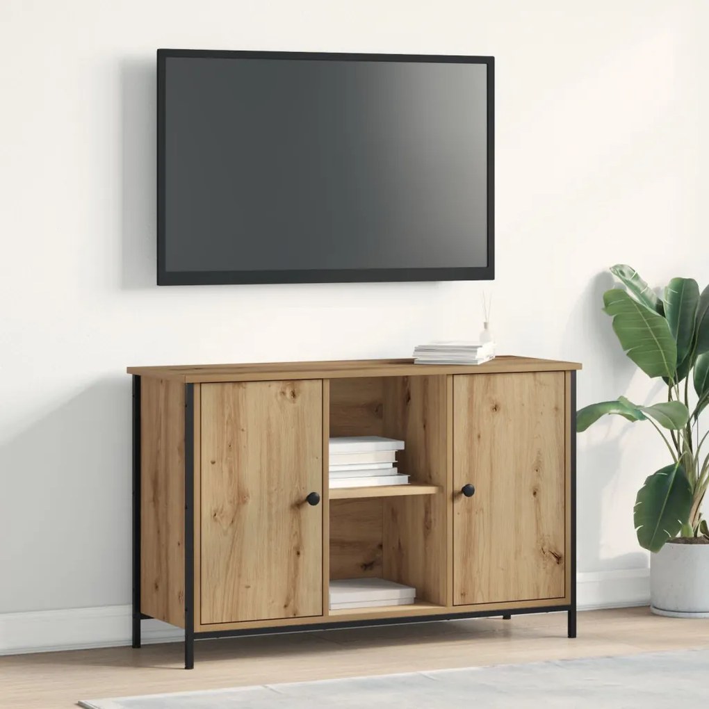 TV Szekrény Fekete Tölgy 101x35x65 cm Műanyag Fa és Acél