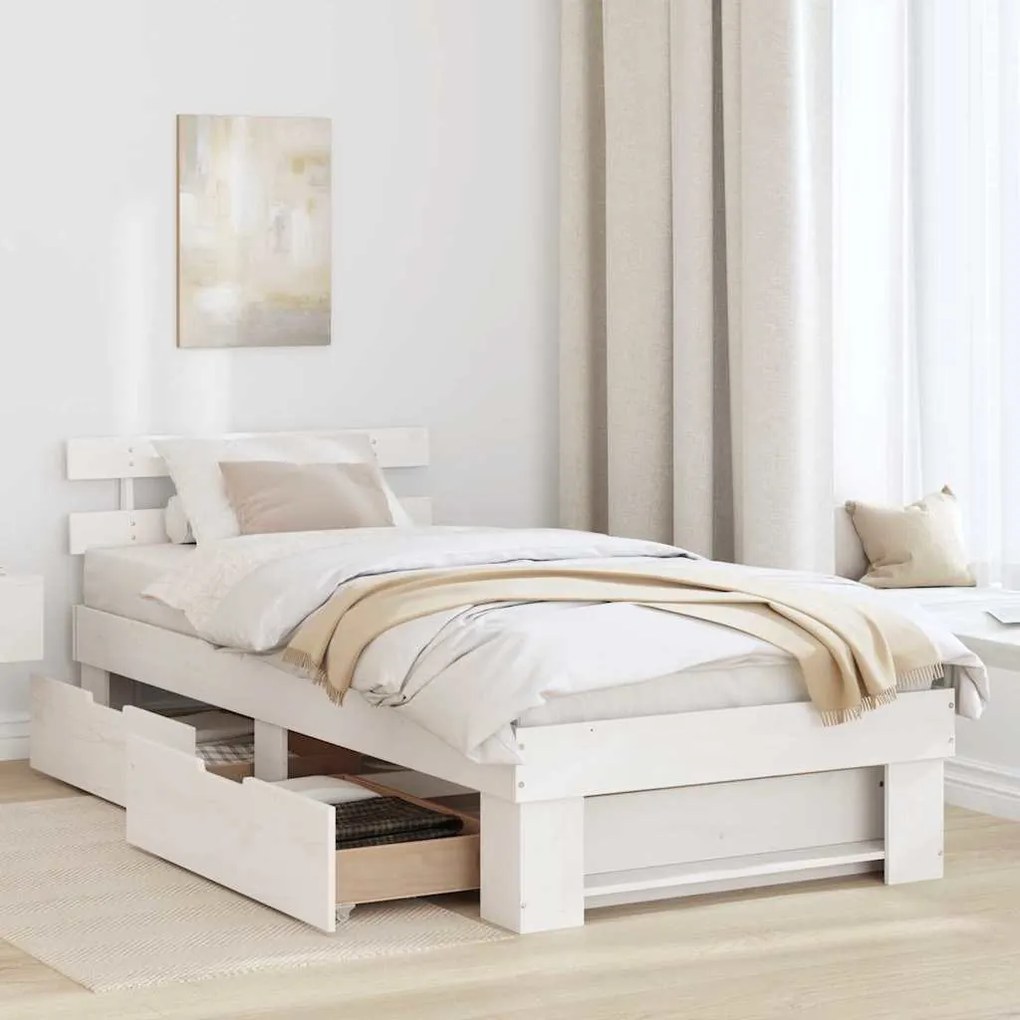 Ágykeret fejtámlával fiókkal Fehér 90 x 190 cm Tömör fenyőfa
