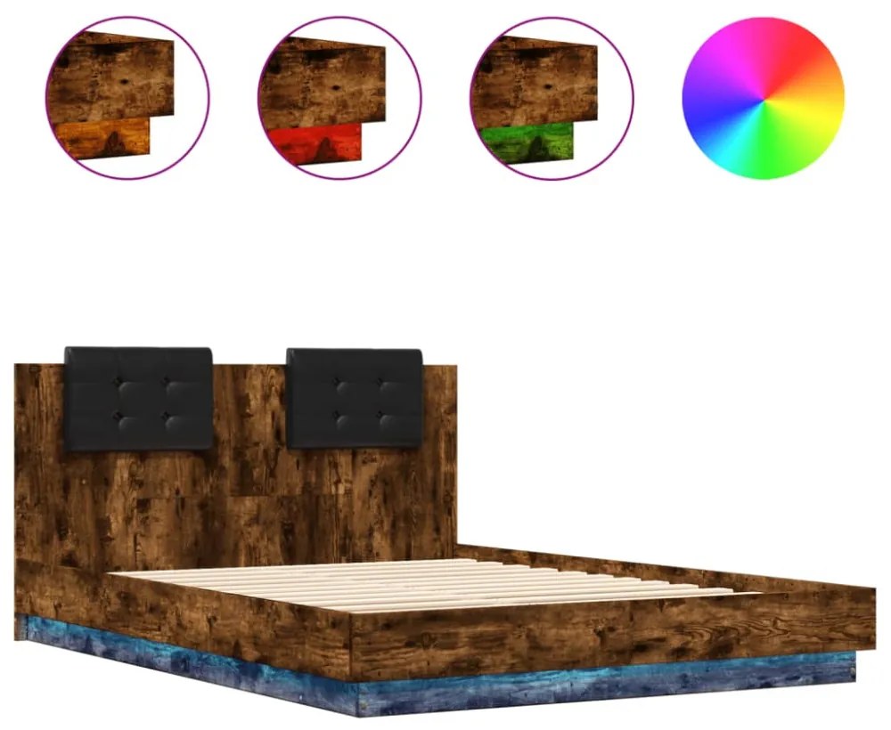 füstös tölgy színű ágykeret fejtámlával és LED-ekkel 150x200 cm