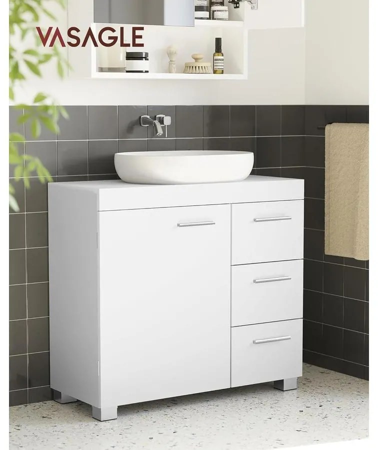 Mosdó alatti szekrény, fürdőszobai szekrény 3 nagy fiókkal, 30 x 70 x 64 cm, fehér