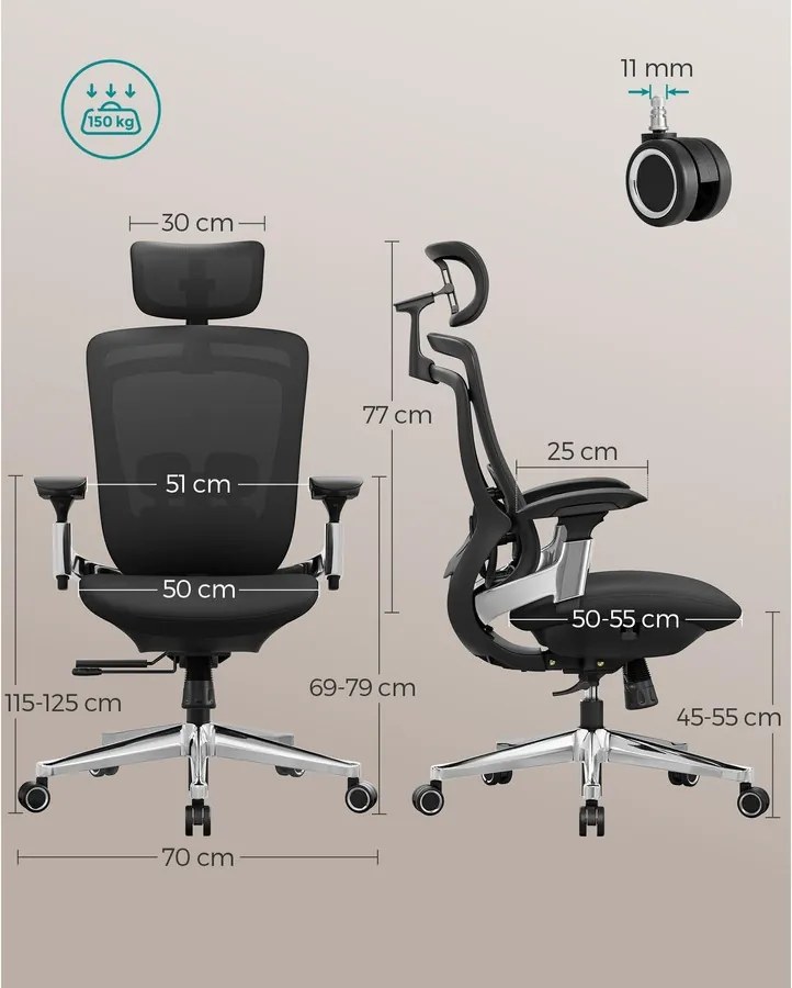 SONGMICS Ergonomikus szék, állítható, dönthető irodai szék, fekete