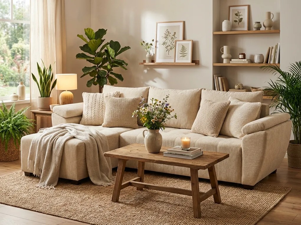 Kihajtható, kétoldalas L-alakú ülőgarnitúra LIVARO 251x140 cm, krémszínű