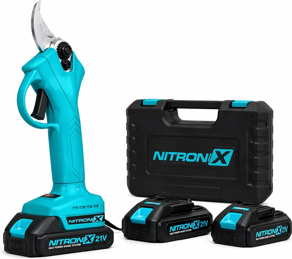 NITRONIX 4786 akkumulátoros kerti metszőolló + 2× akkumulátor + koffer
