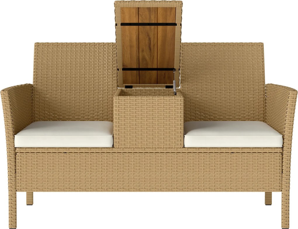 Outsunny 2 szemes Rattan és Acél Kerti Pad Párnákkal és Összecsukható Asztallal Rejtett Tárolóhellyel, Kültéri Kanapé, 134x58x82 cm, Krém és Khaki | A