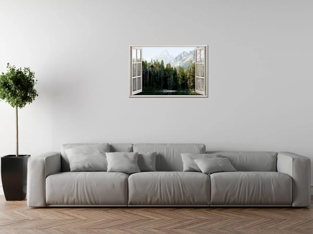 Gario Vászonkép Nyitott ablak Erdei tó Méret: 120 x 80 cm