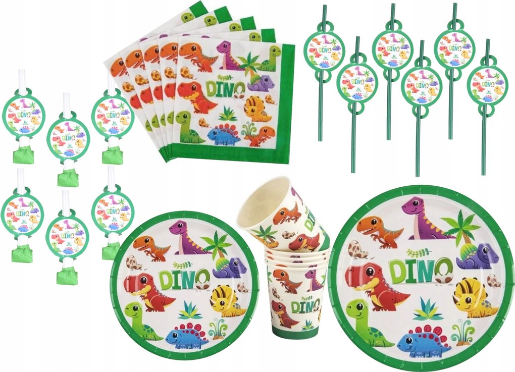 Dino Dinoszaurusz Bögre Szett Tányérok 18 23cm Szalvéta Síp Szívószál 42ele