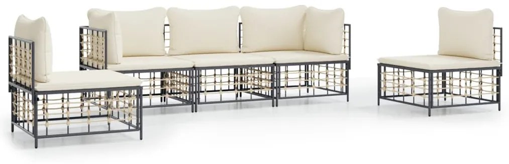 5 részes antracitszürke polyrattan kerti ülőgarnitúra párnákkal