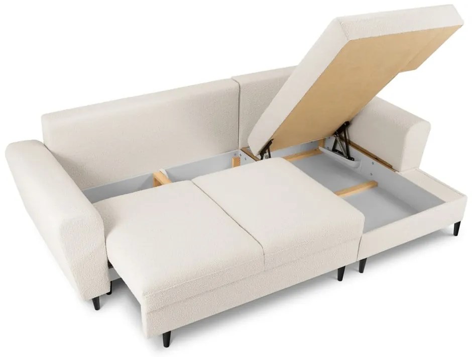 Bézs buklé kinyitható tárolóhelyes sarokkanapé (jobb oldali-heverő résszel) Kyoto – Cosmopolitan Design