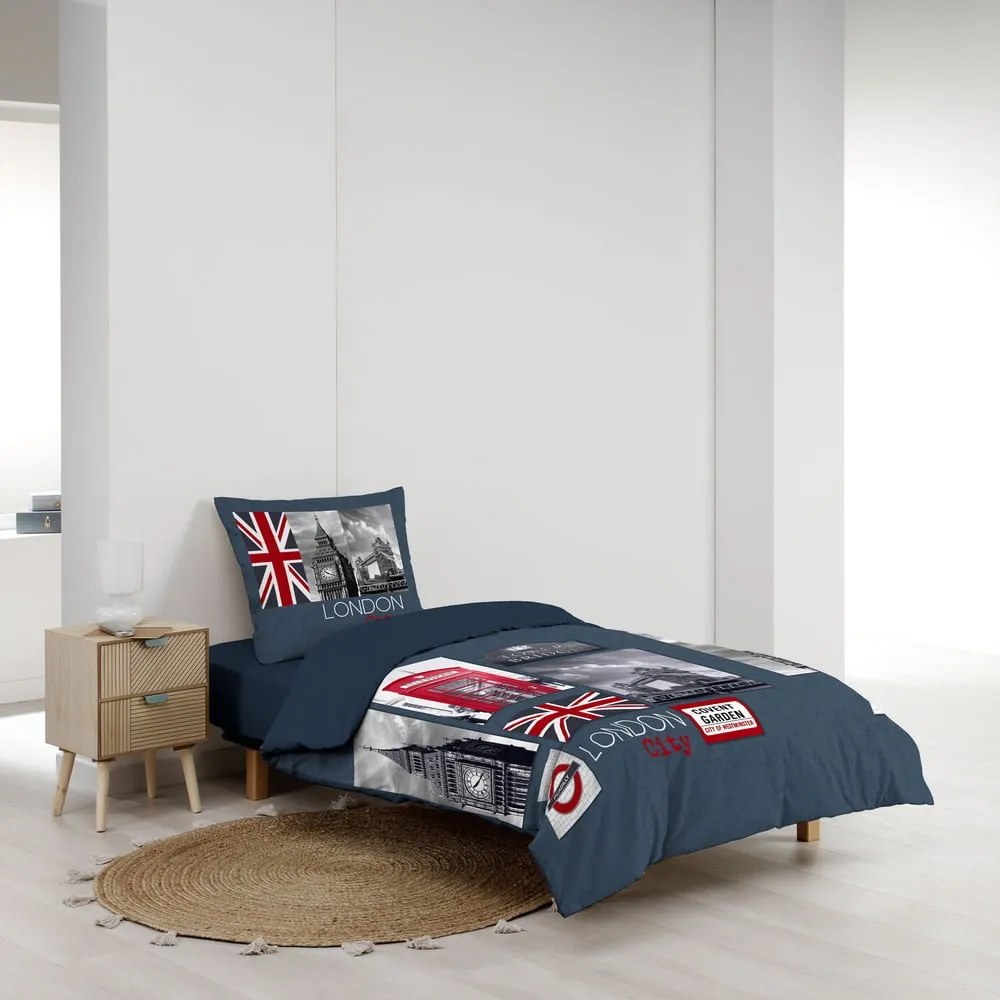 Sötétkék egyszemélyes pamut ágyneműhuzat 140x200 cm City London – douceur d'intérieur
