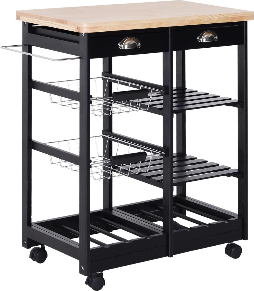 HOMCOM Mobil Konyhai Kocsi Kerekekkel - Zöldség Trolley Konyhai Fiókkal, Kosarakkal és Polcokkal - 74x37x76 cm | Aosom