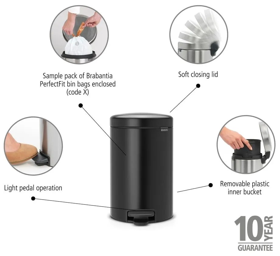 Matt fekete acél pedálos szemetes 12 l NewIcon – Brabantia
