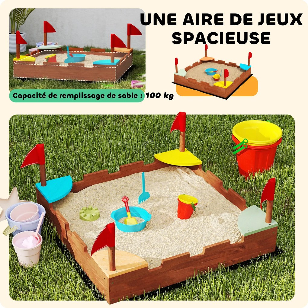 AIYAPLAY Fa Homokozó, Homokozó Gyermekeknek 3-7 Éves Korig Ülésekkel, Zászlókkal, Fal Tematikával, 90 x 90 x 17 cm, Barna | Aosom