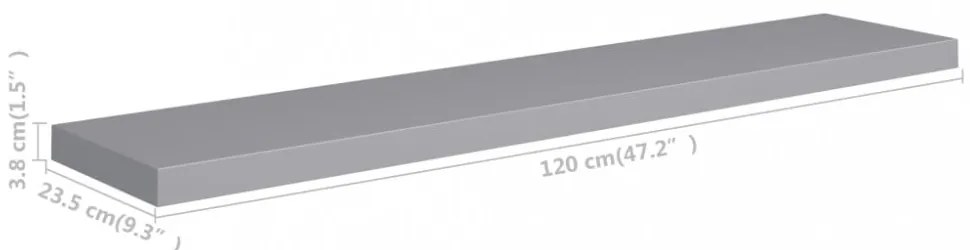 2 db szürke MDF lebegő fali polc 120 x 23,5 x 3,8 cm