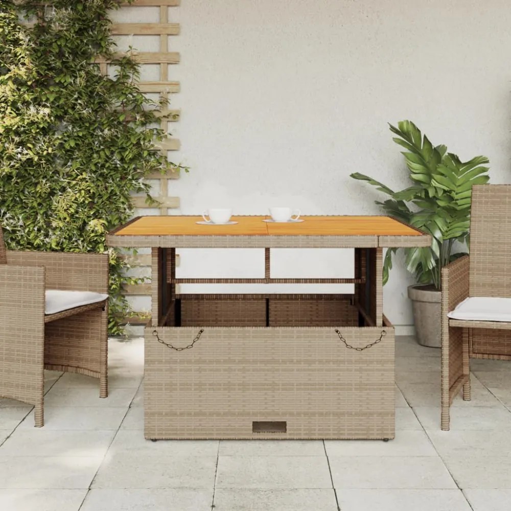 bézs polyrattan és akácfa kerti asztal 110 x 110 x 71 cm