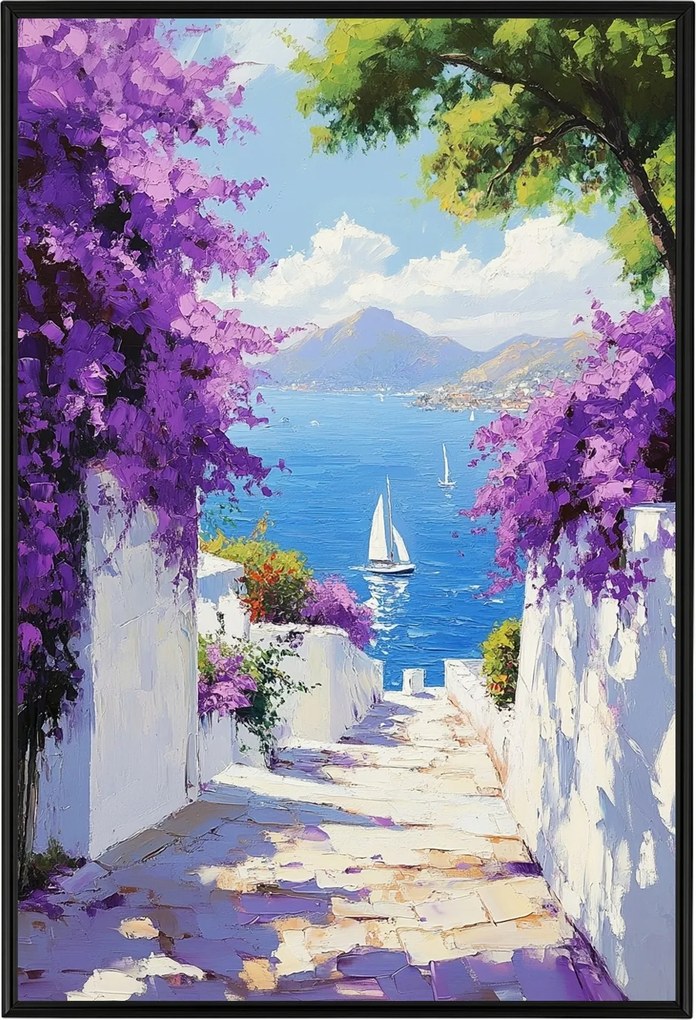 Poszter Alumínium Keret Görögország Santorini Utca Tenger Virágok Kilátás 40x60