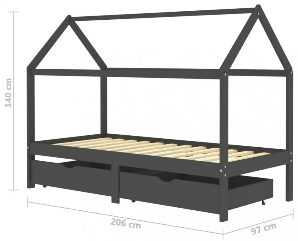 fiókos sötétszürke tömör fenyőfa gyerekágykeret 90 x 200 cm