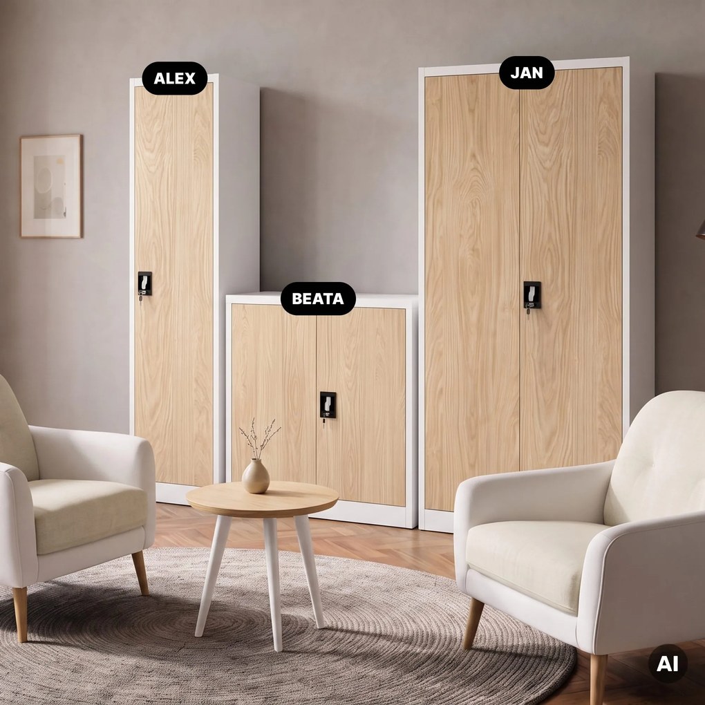 Fém irodai iratszekrény, fehér/sonoma tölgy, 450x1850x400 mm: ALEX Eco Design