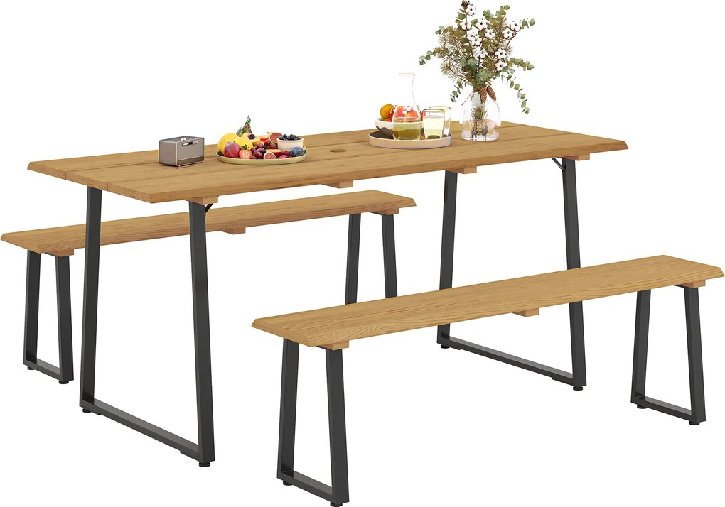 Outsunny 3 részes fa étkezőszett 6 fő részére, étkezőasztal 2 paddal, napernyő lyukkal, fa konyhai asztal balkon bútor szett, terasz bútor, természete