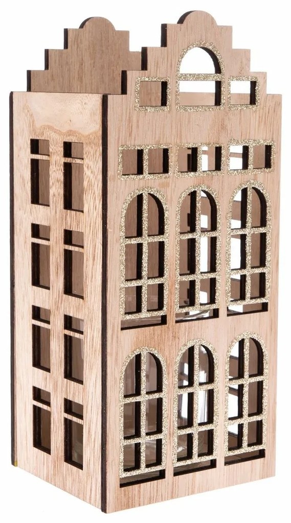 Ház fa gyertyatartó üveggel barna, 10 x 22,5 x 9 cm