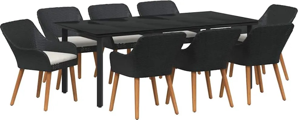 vidaXL Kert étkező szett párnával 9 pcs Fekete polirattan