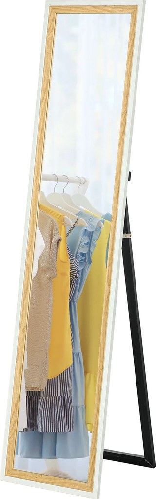 HOMCOM Teljes hosszúságú Tükör 157x37 cm Álló vagy Fali Tükör MDF Kerettel és Állványal, Fehér és Sötét Természetes | Aosom
