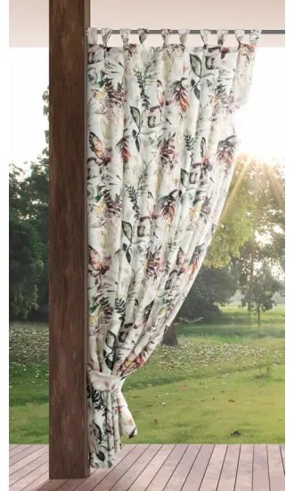 Kültéri vízálló függöny pavilonhoz - fehér, színes levelekkel díszített motívummal Szélesség: 155 cm | Hossza: 220 cm